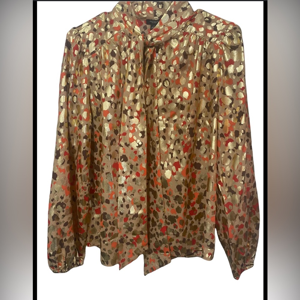 NWT Ann Taylor Metallic Printed Puff Sleeve Blouse Tie Neck